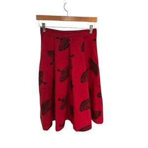 Whimsical Red Pleated Midi Skirt With Black Fan Print By Tatyana